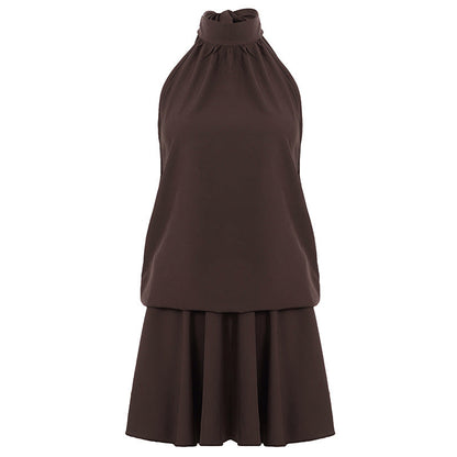 Retro Solid Color Elegant Stitching Pleated Backless Lace up Sexy Halter Dress by Ragazza