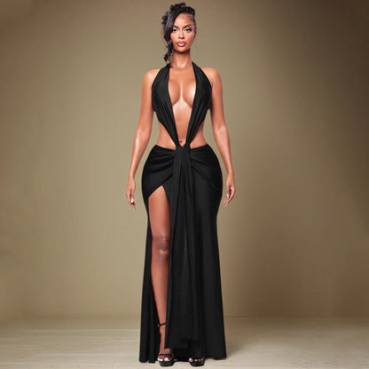 Women Clothing Spring Solid Color Halter Sleeveless Sexy Backless Deep V Plunge Ribbon Maxi Dress by Ragazza