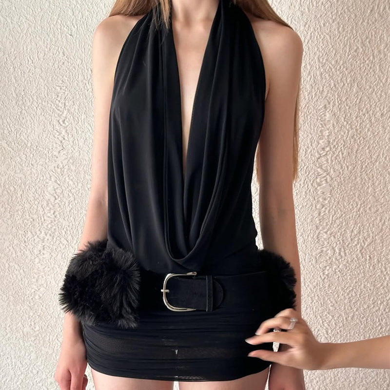 Hollowed out Backless Halter Deep V Plunge Hip Matching Mesh Dress Two Piece Set by Ragazza