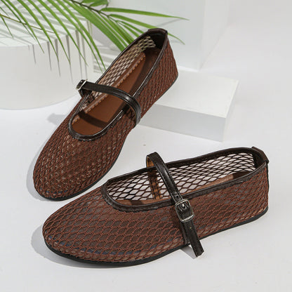 Fishnet Hollow Out Cutout out Ballet Shoes Women Summer Flat Belt Buckle Breathable Shoes  DestGlow