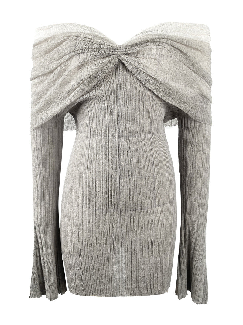 Los Angeles Designer off-Shoulder Tube Top Dress Contrast Color Pleated Low Cut Long Sleeve Waist Slimming Hip Dress  DestGlow