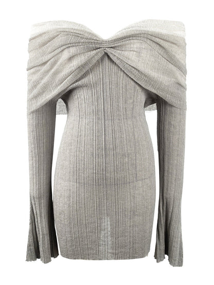 Los Angeles Designer off-Shoulder Tube Top Dress Contrast Color Pleated Low Cut Long Sleeve Waist Slimming Hip Dress  DestGlow