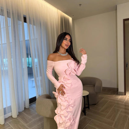 Spring Summer Middle East Elegant Sexy Sheath Three Dimensional Floral off Shoulder Long Sleeve Dress by Ragazza