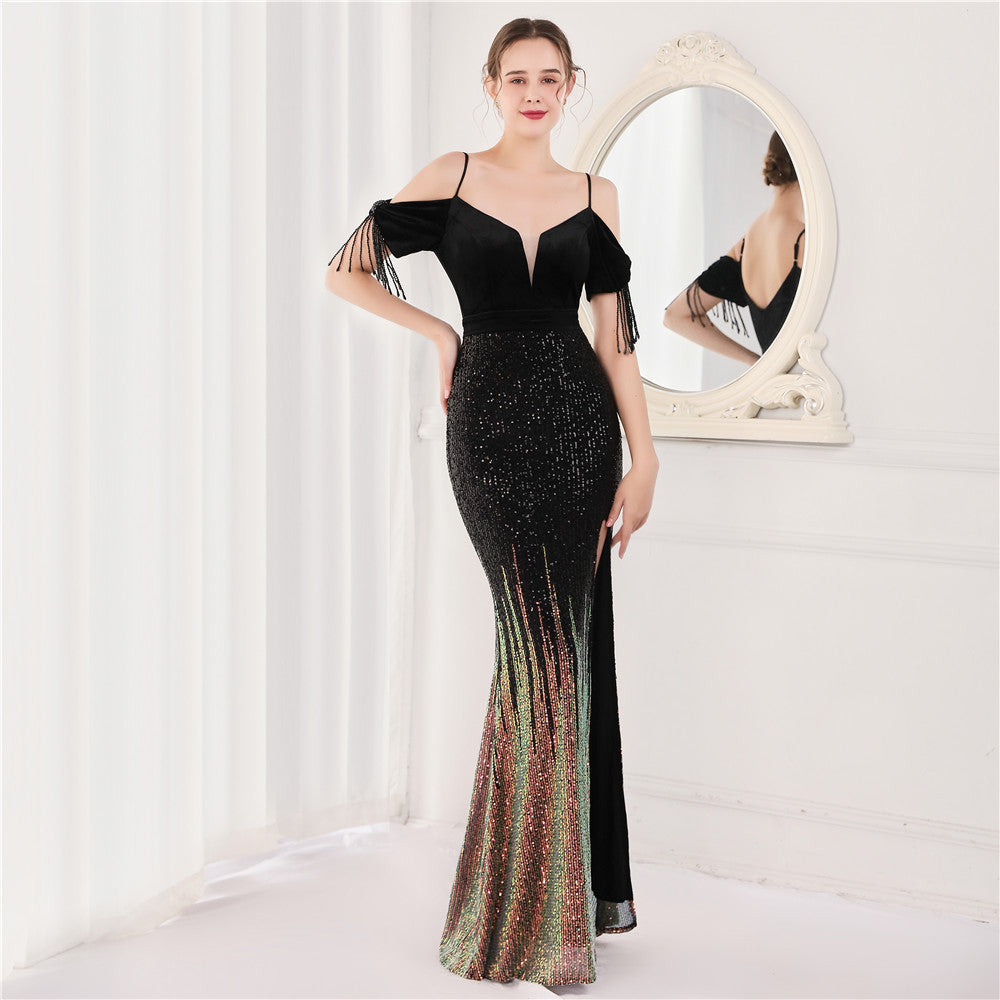 Velvet Spaghetti Straps Cocktail Evening Dress Dress Elegant Company Annual Meeting Women Sexy Long Short Sleeve by Ragazza