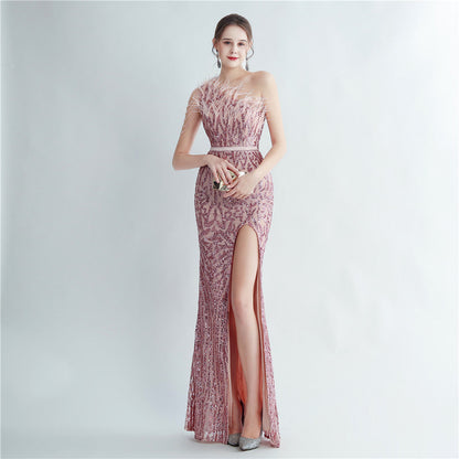 Heavy Industry Ostrich Hair Craft Beading Hair Oblique Shoulder Side Slit High End Evening Dress by Ragazza