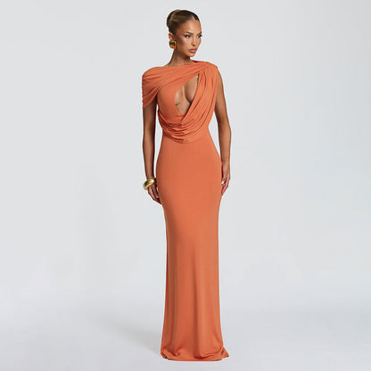 Women Clothing Summer Solid Color Casual One Shoulder Short Sleeve Lace Up Hollow Out Cutout Out Slim Fit Maxi Dress  DestGlow