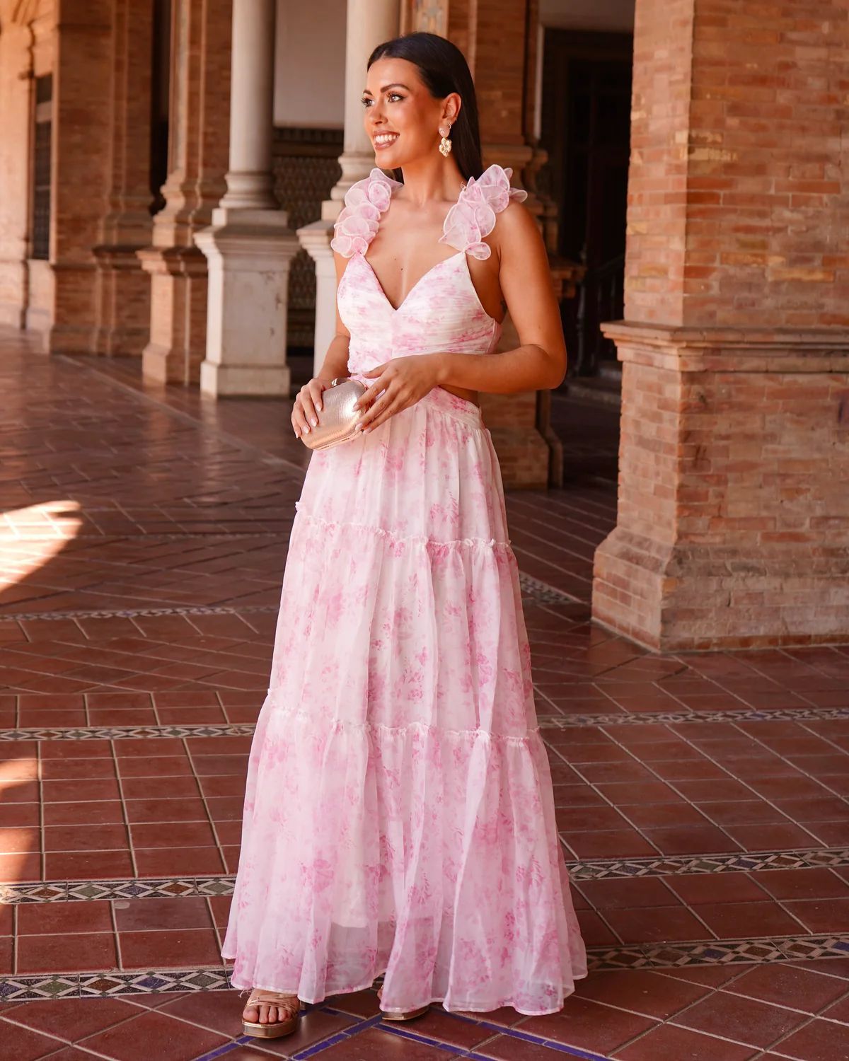 Spring Summer Vacation Chiffon Printed Backless V neck Strap Midi Dress  DestGlow