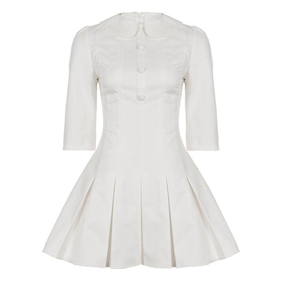 Early Autumn Preppy Doll Collar Breasted Waist Tight Graceful Half Sleeve Dress Sexy Girlish Pleated Dress  DestGlow