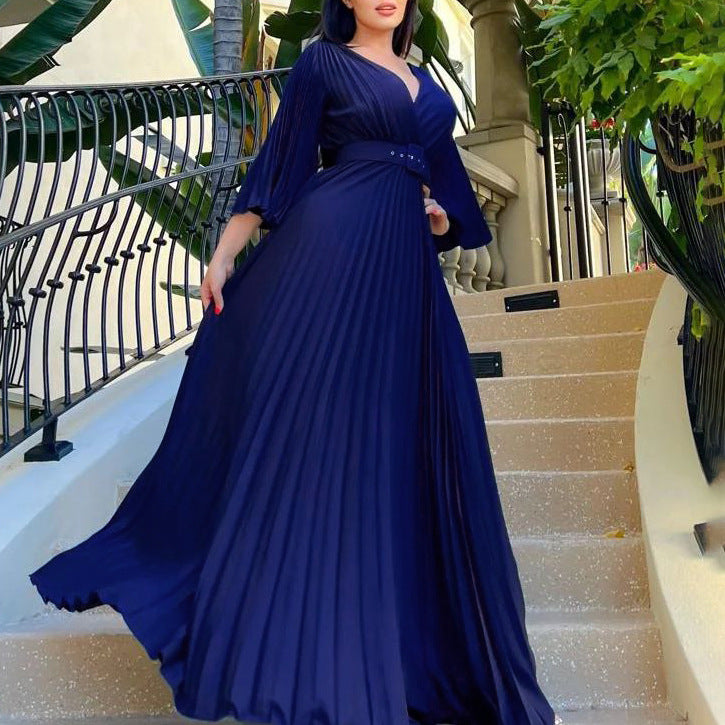 Women Clothing V neck Sexy Pleated Formal Swing Dress Maxi Dress by Ragazza