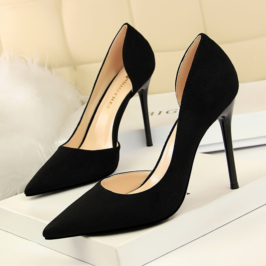 Simple Stiletto Heel Suede Shallow Mouth Pointed Toe Sexy Nightclubs Thinner Side Hollow Out Cutout Pumps  DestGlow