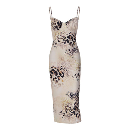 Women Clothing Summer Leopard Print Printed Lace up Backless Sexy Sling Sheath Dress  DestGlow