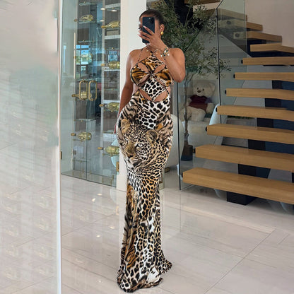 Autumn Winter Women Clothing Halter Lace up Tiger Stripe Pattern Sexy Backless Sheath Dress by Ragazza