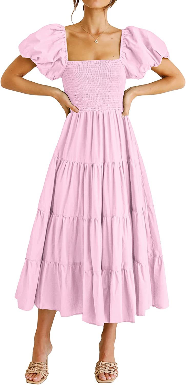 Summer Women Clothing Square Collar Backless Puff Sleeve Pleated Short Sleeves Dress by Ragazza