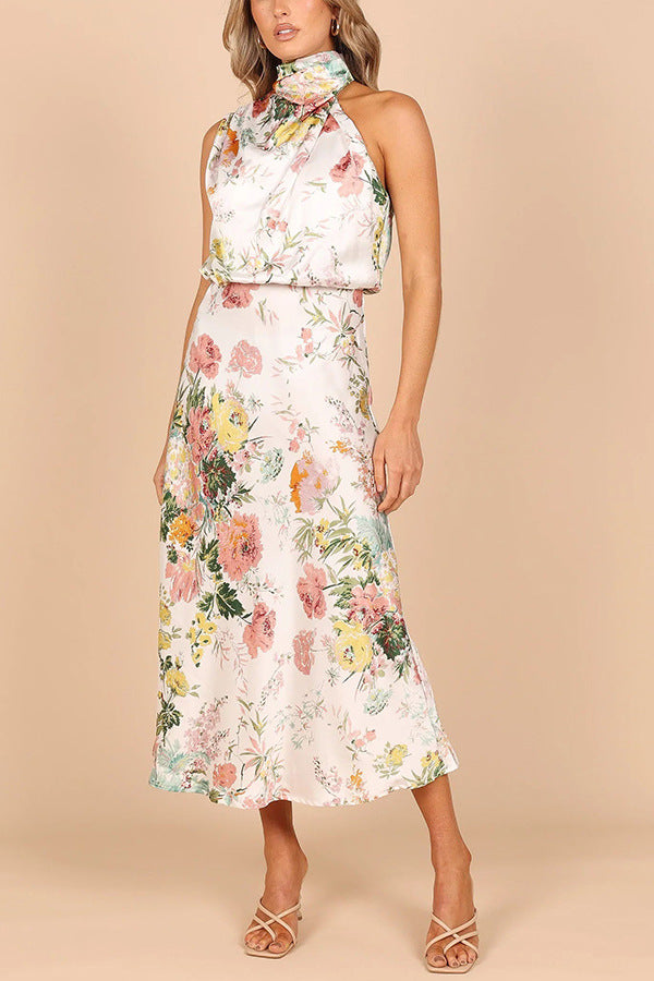 Mature Elegant Women Sleeveless Halter Printed Satin Dress by Ragazza