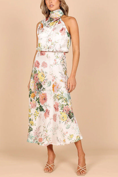 Mature Elegant Women Sleeveless Halter Printed Satin Dress by Ragazza
