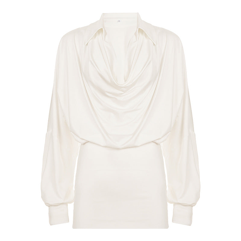 French Elegant Women Wear Solid Color Swing Collar Draping Dress Long Sleeve Waist Tight Hip by Ragazza