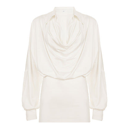French Elegant Women Wear Solid Color Swing Collar Draping Dress Long Sleeve Waist Tight Hip by Ragazza