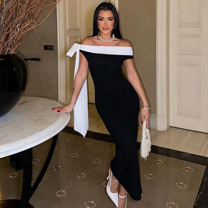 Women Clothing Autumn Winter Fashionable off Shoulder Ribbon Slim Solid Color Dress by Ragazza
