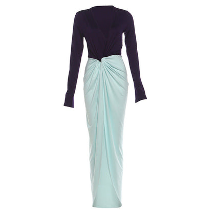 Autumn Winter Women Clothing Fashionable Elegant Deep V Plunge neck Long Sleeve Split Maxi Dress Women by Ragazza