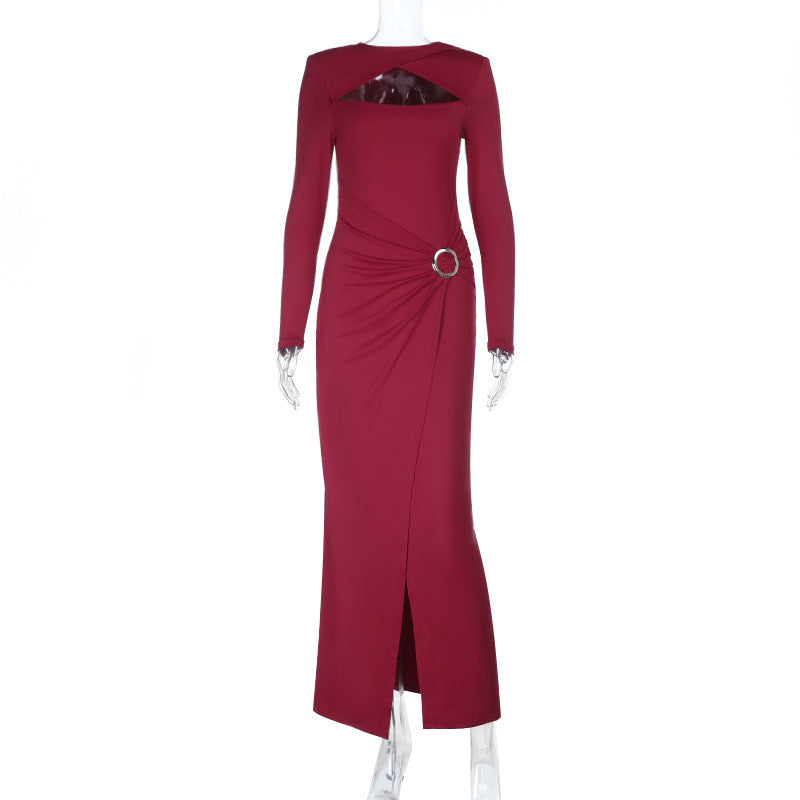 Women Formal Dress Sexy Slim Pleated Hollow Out Cutout Long Sleeve Dress by Ragazza