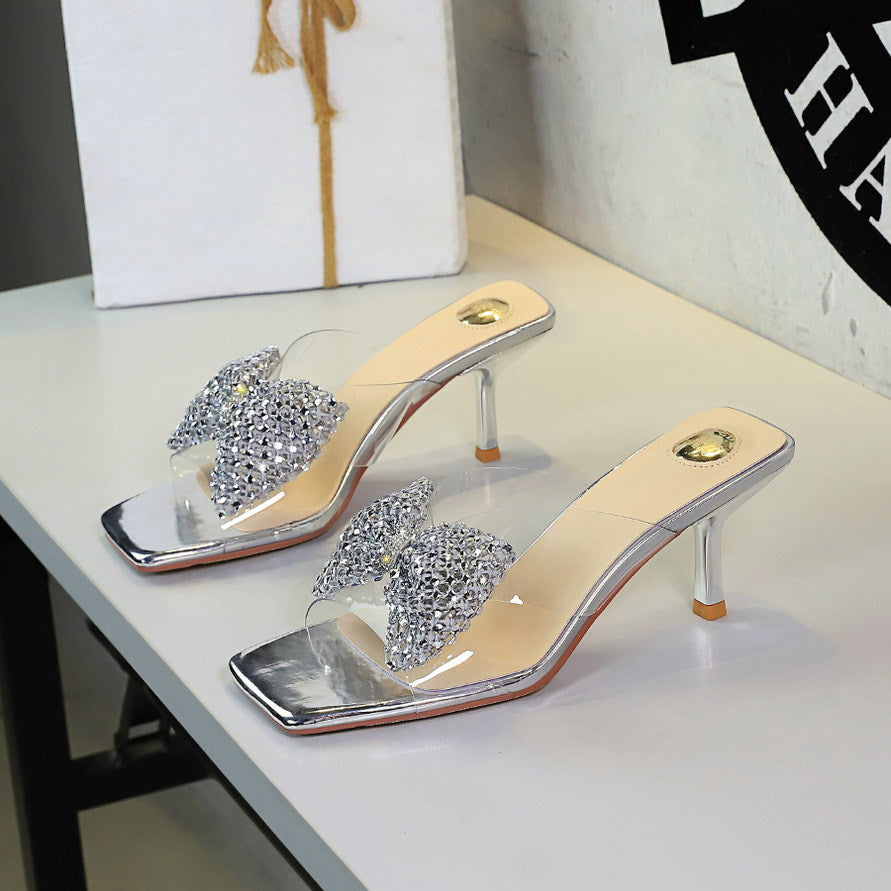 Rhinestone Bow Square Toe Open Toe Slippers Transparent Slip on Stiletto Heel Outdoor Slippers  DestGlow