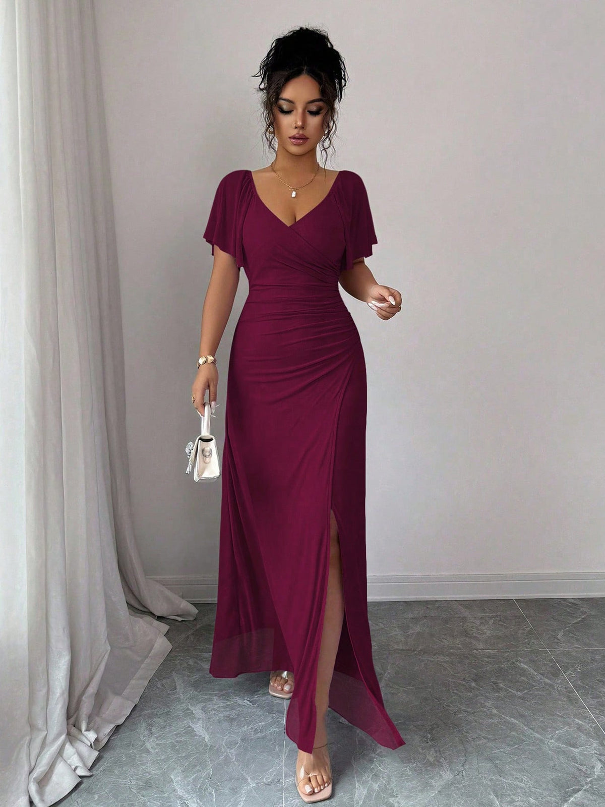 Women Elastic Net V Neck Patchwork Flying Sleeves Slit Evening Dress  DestGlow