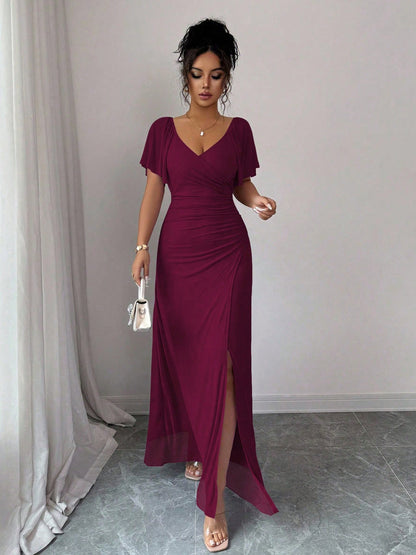 Women Elastic Net V Neck Patchwork Flying Sleeves Slit Evening Dress  DestGlow
