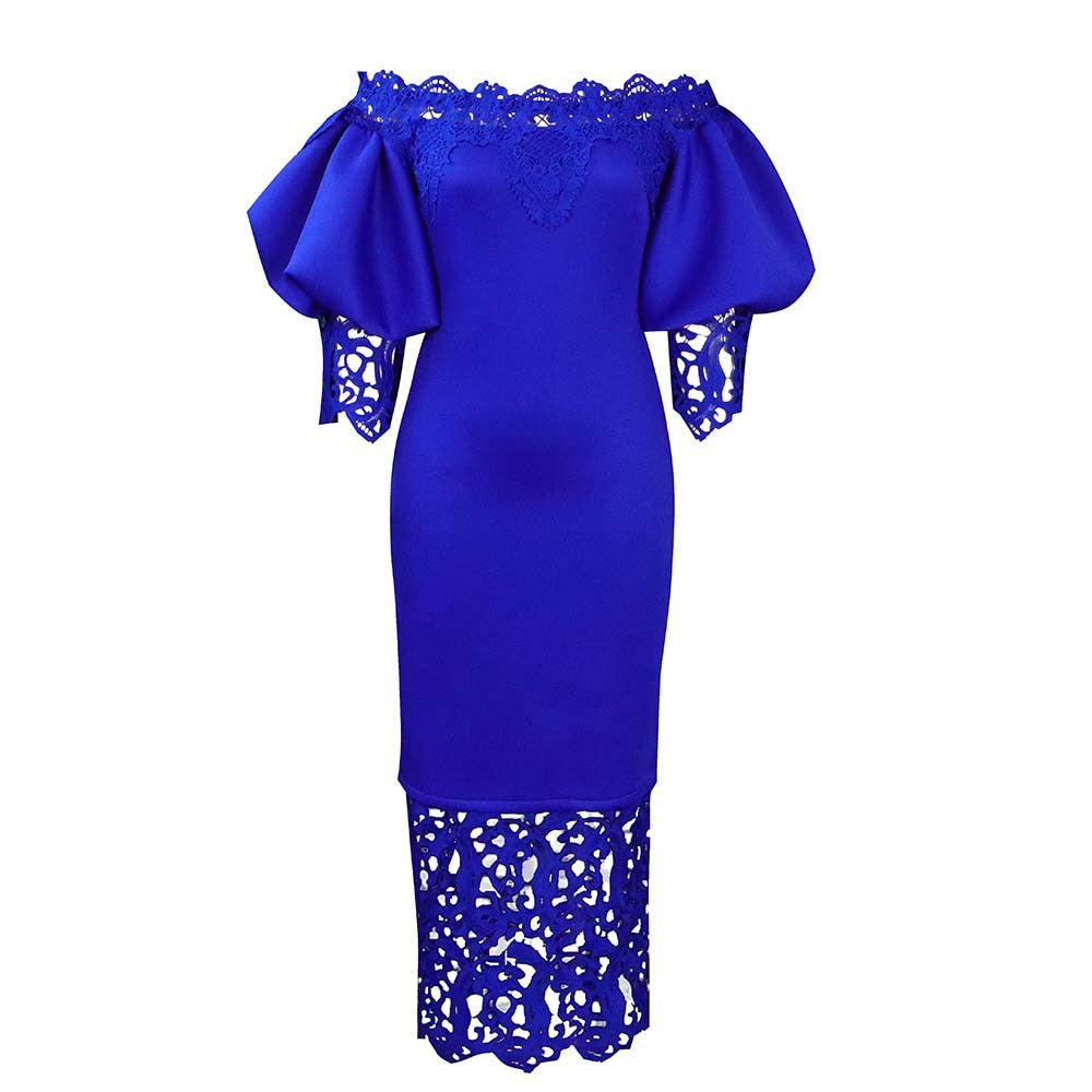 Women Clothes Elegant Lace Stitching Off Neck Dress by Ragazza