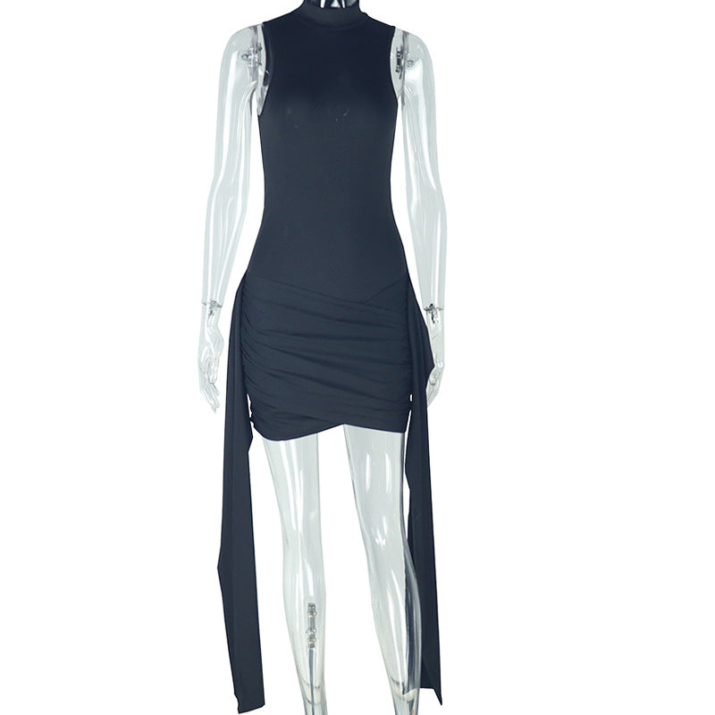 Personality Women Wear Pleated Stitching Tied Slim Fit Bag Hip Dress Casual Solid Color Stand Collar Short Dress by Ragazza