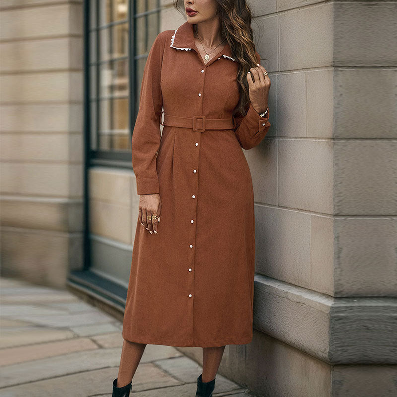 Casual Elegant Retro Lace Collared Shirt Corduroy Dress by Ragazza