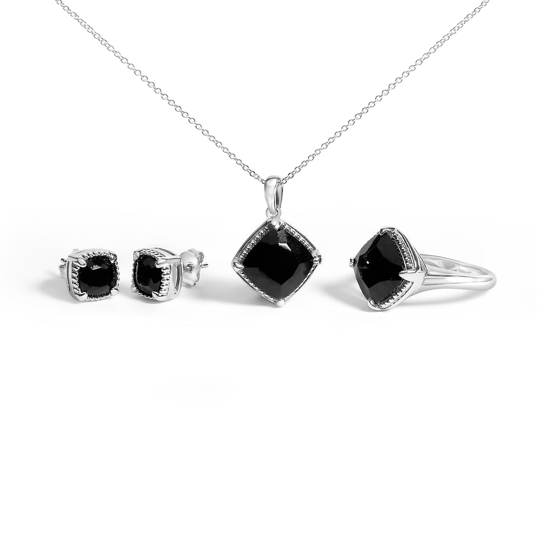 Sterling Silver Cushion Onyx 3-Piece Jewelry Set Ring Earrings Pendant 18 Inch Cable Chain by Bids.com