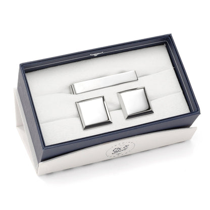 Stainless Steel Beveled Square Engravable Cufflinks and Tie Bar Gift Set