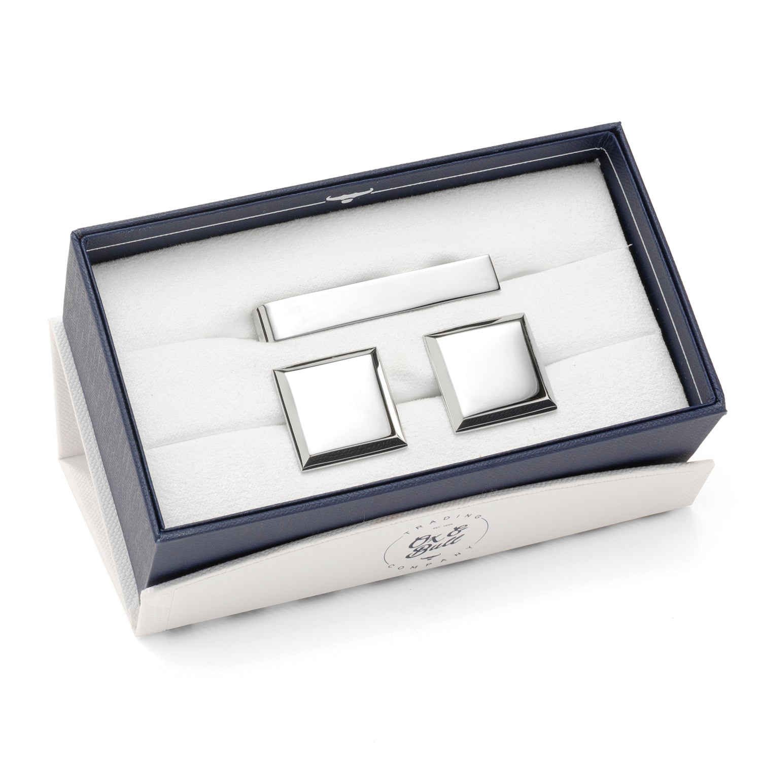 Stainless Steel Beveled Square Engravable Cufflinks and Tie Bar Gift Set by Cufflinks.com