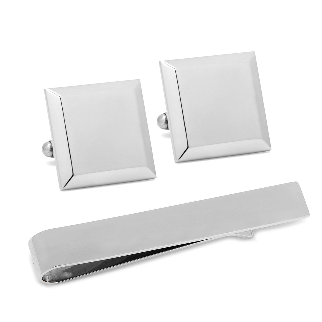 Stainless Steel Beveled Square Engravable Cufflinks and Tie Bar Gift Set