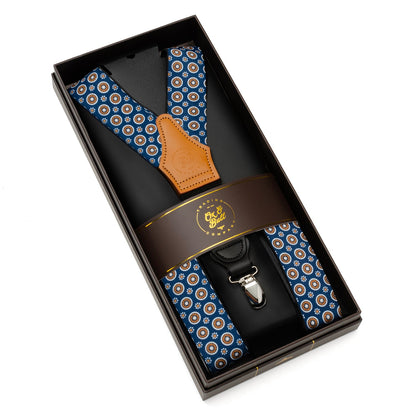 Blue Motif Patterned Convertible Suspenders by Cufflinks.com
