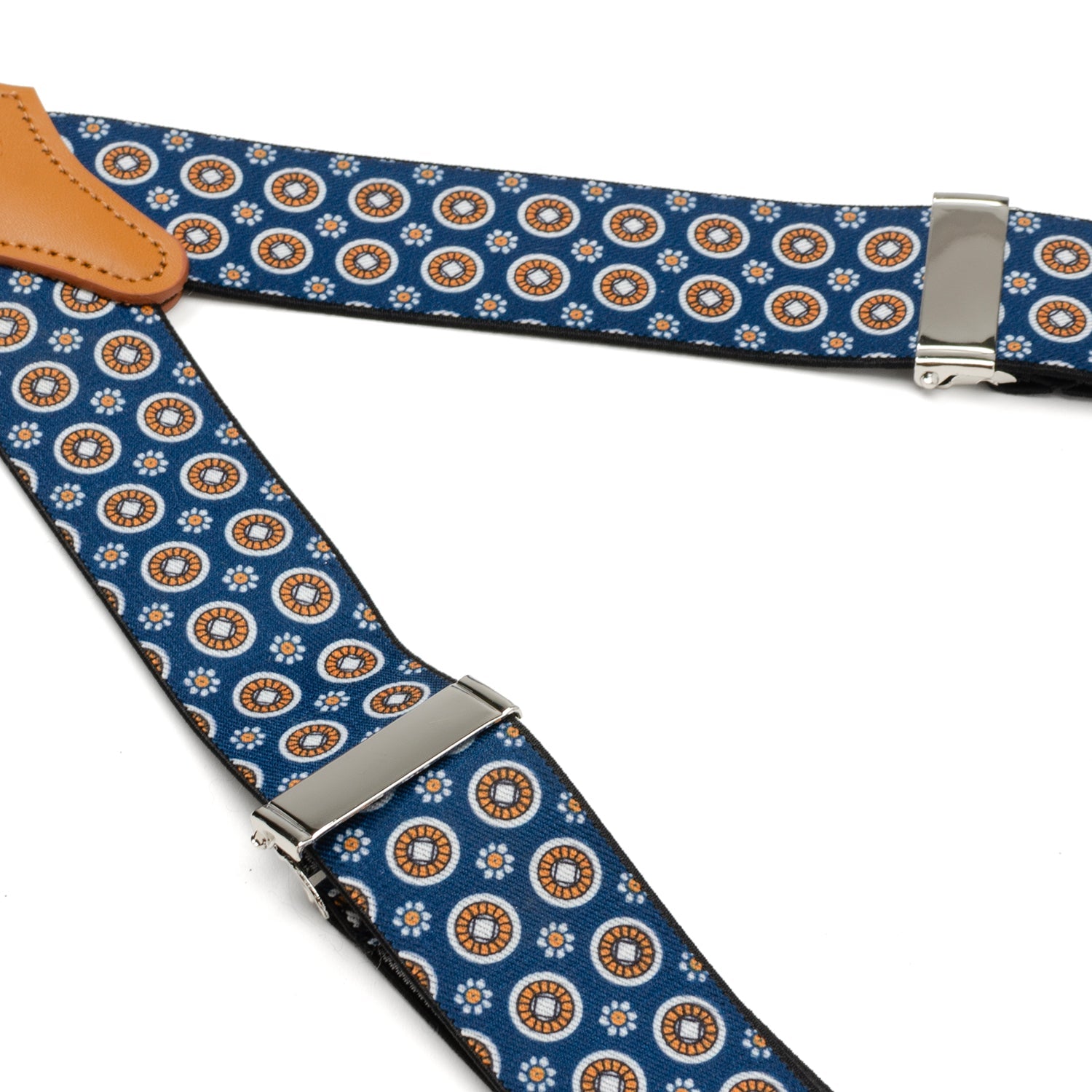 Blue Motif Patterned Convertible Suspenders by Cufflinks.com