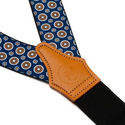 Blue Motif Patterned Convertible Suspenders by Cufflinks.com