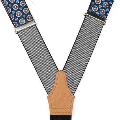 Blue Motif Patterned Convertible Suspenders by Cufflinks.com