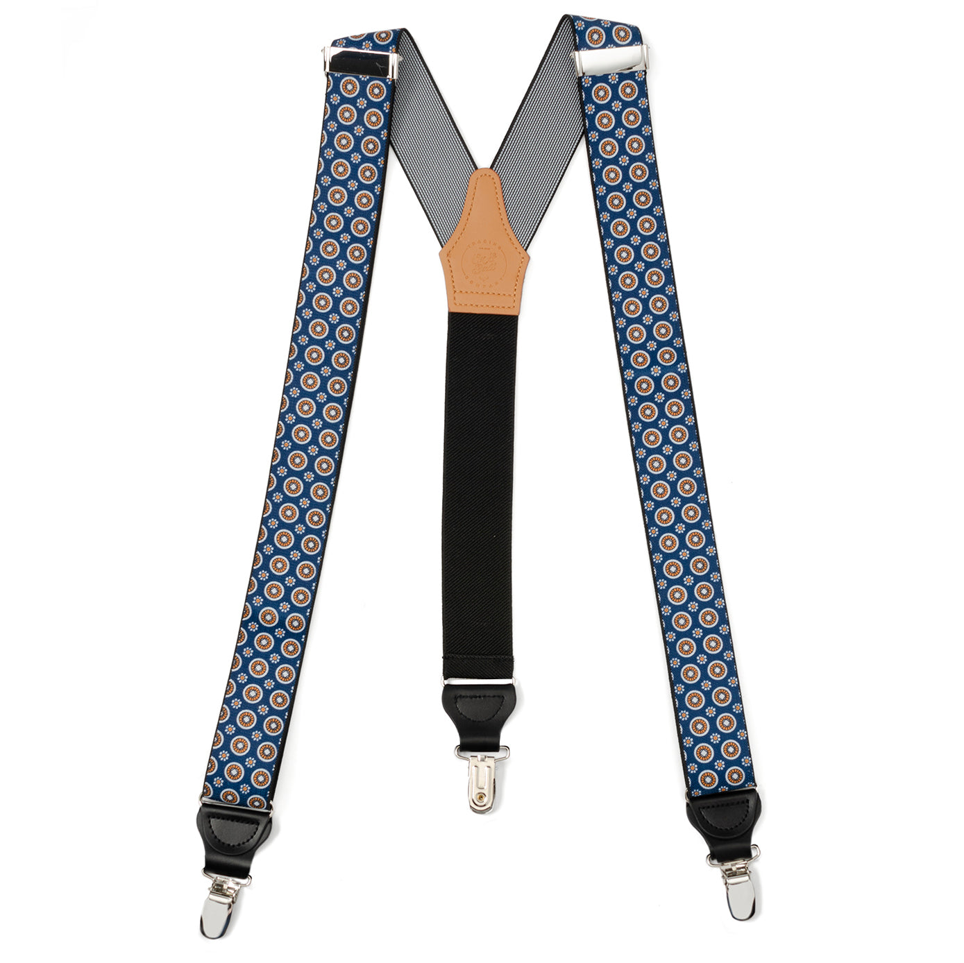 Blue Motif Patterned Convertible Suspenders by Cufflinks.com