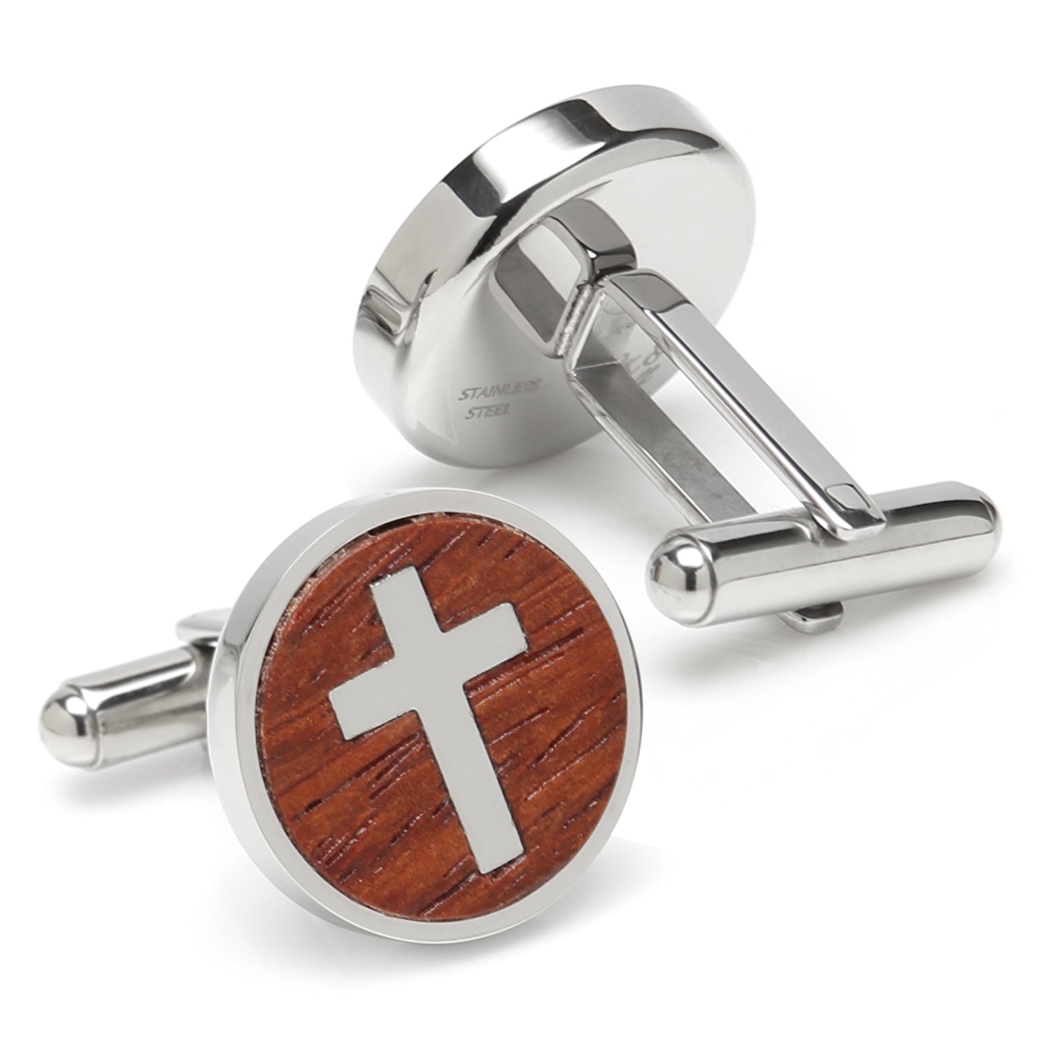 Cross Round Wood Stainless Steel Cufflinks by Cufflinks.com