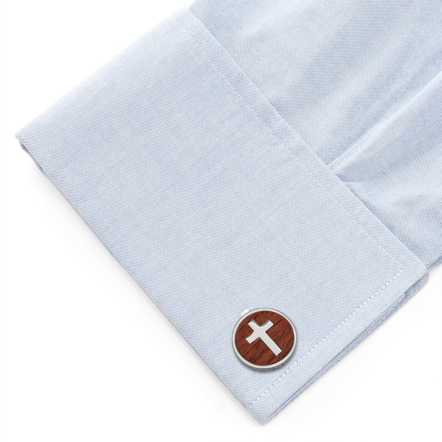 Cross Round Wood Stainless Steel Cufflinks by Cufflinks.com