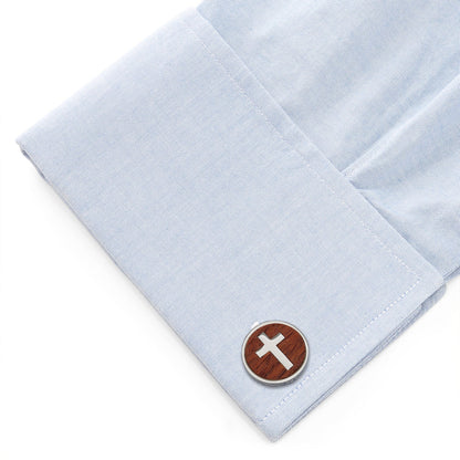 Cross Round Wood Stainless Steel Cufflinks by Cufflinks.com