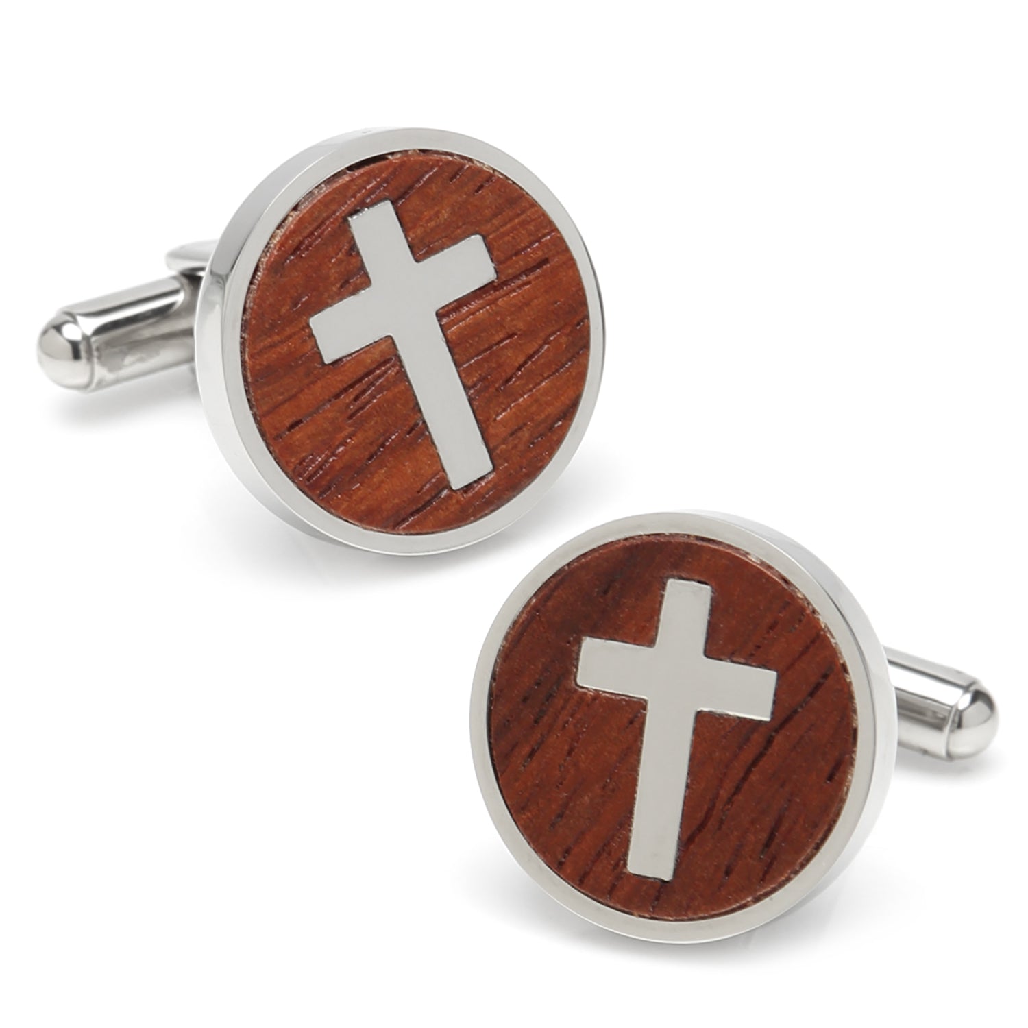 Cross Round Wood Stainless Steel Cufflinks by Cufflinks.com
