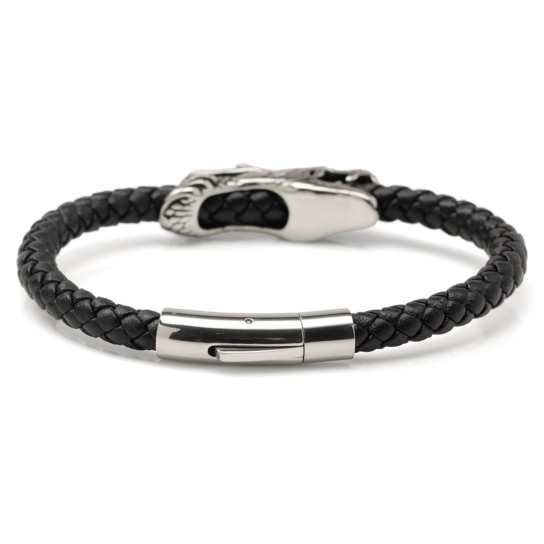 Dragon Head Braided Black Leather Bracelet with Magnetic Closure by Cufflinks.com