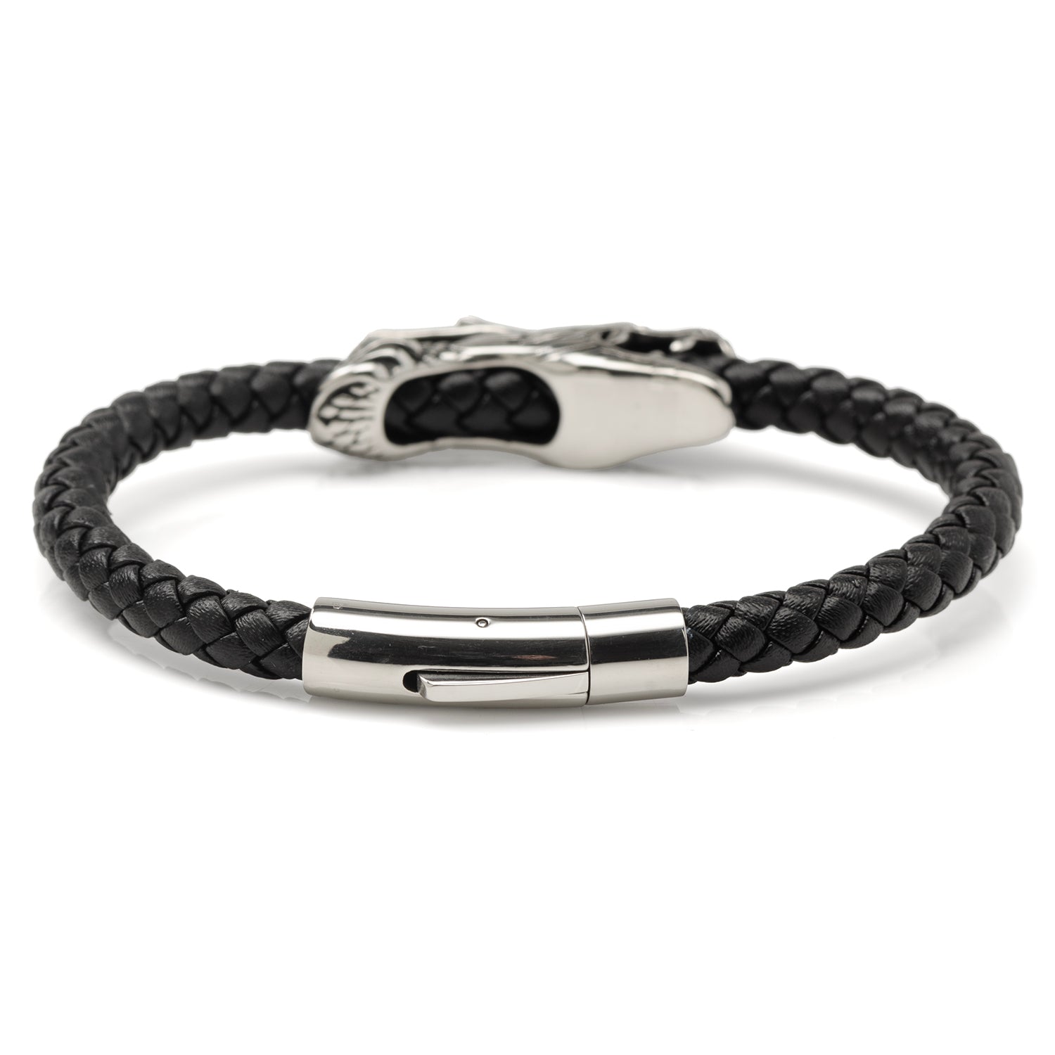 Dragon Head Braided Black Leather Bracelet with Magnetic Closure by Cufflinks.com