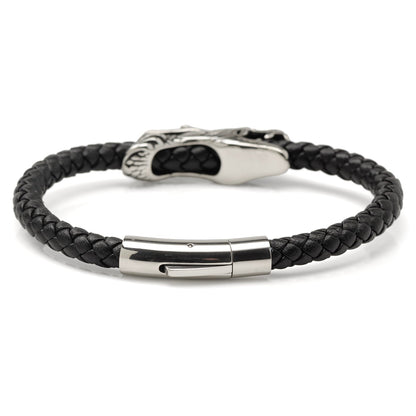 Dragon Head Braided Black Leather Bracelet with Magnetic Closure by Cufflinks.com