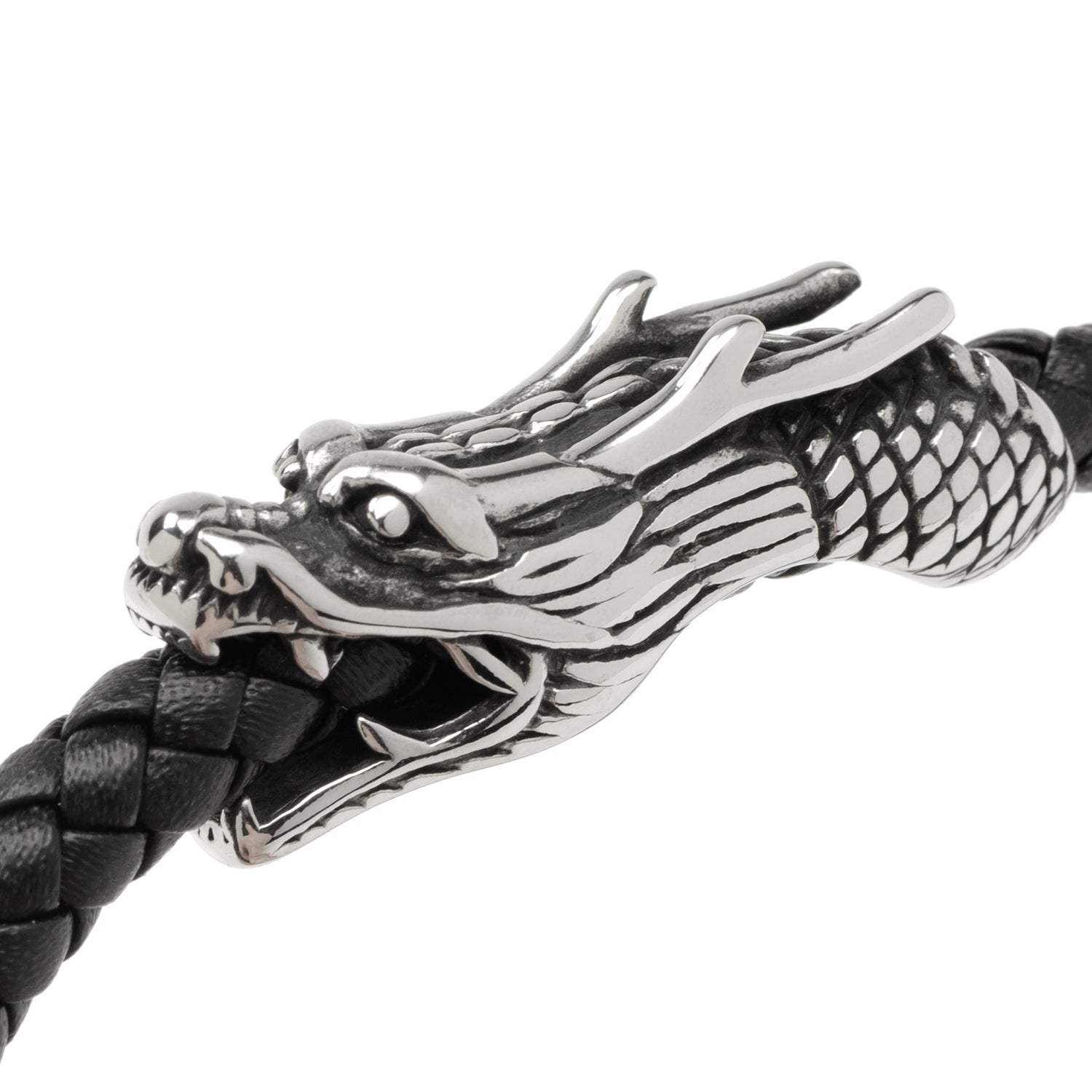 Dragon Head Braided Black Leather Bracelet with Magnetic Closure by Cufflinks.com