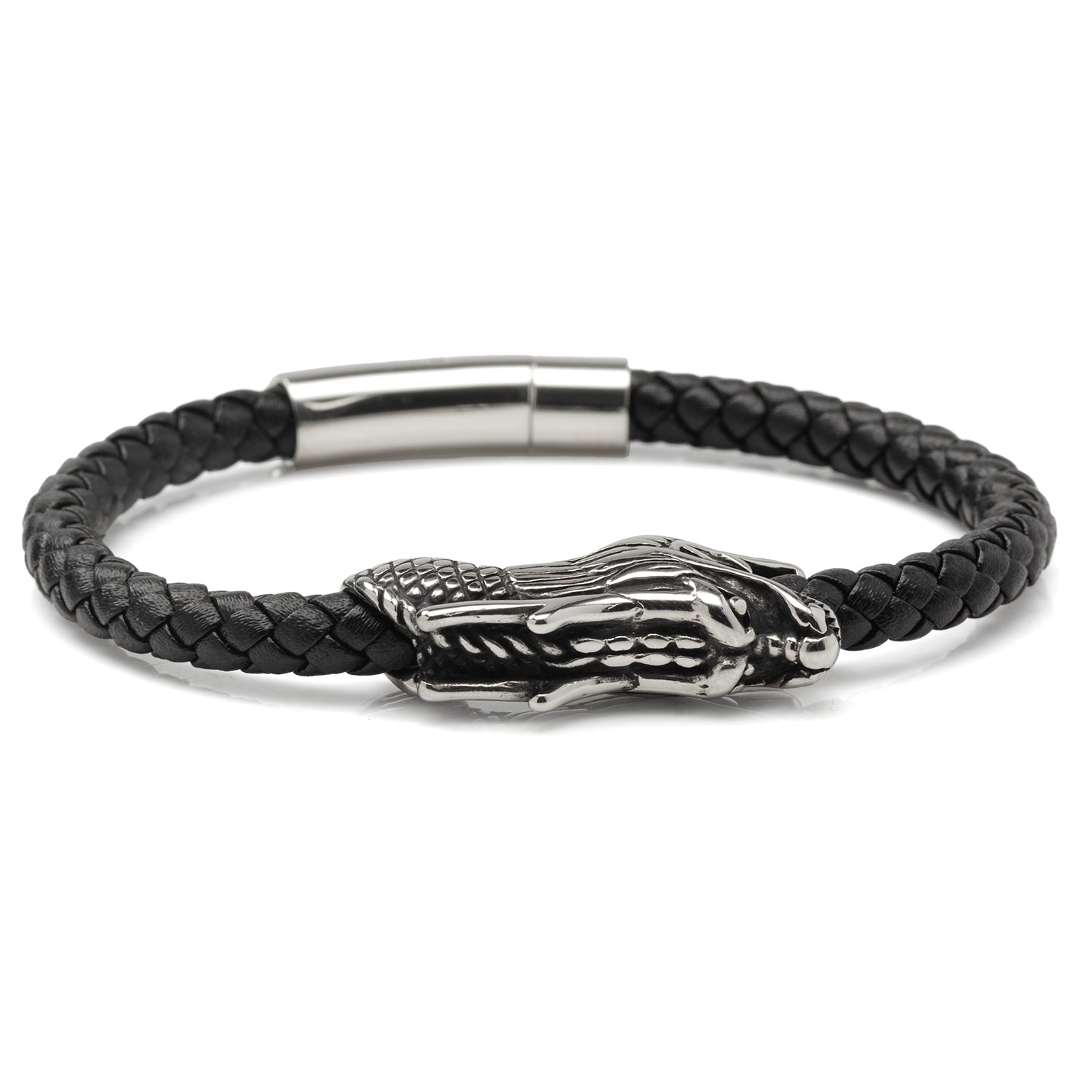 Dragon Head Braided Black Leather Bracelet with Magnetic Closure by Cufflinks.com