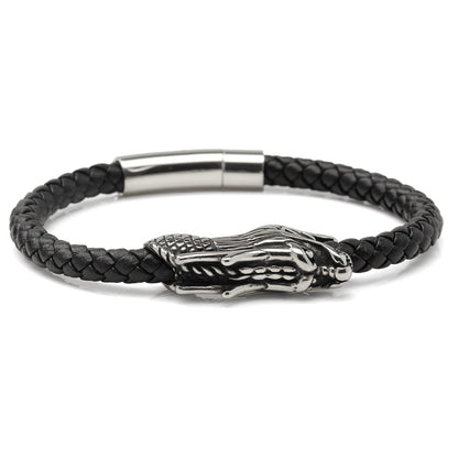 Dragon Head Braided Black Leather Bracelet with Magnetic Closure by Cufflinks.com