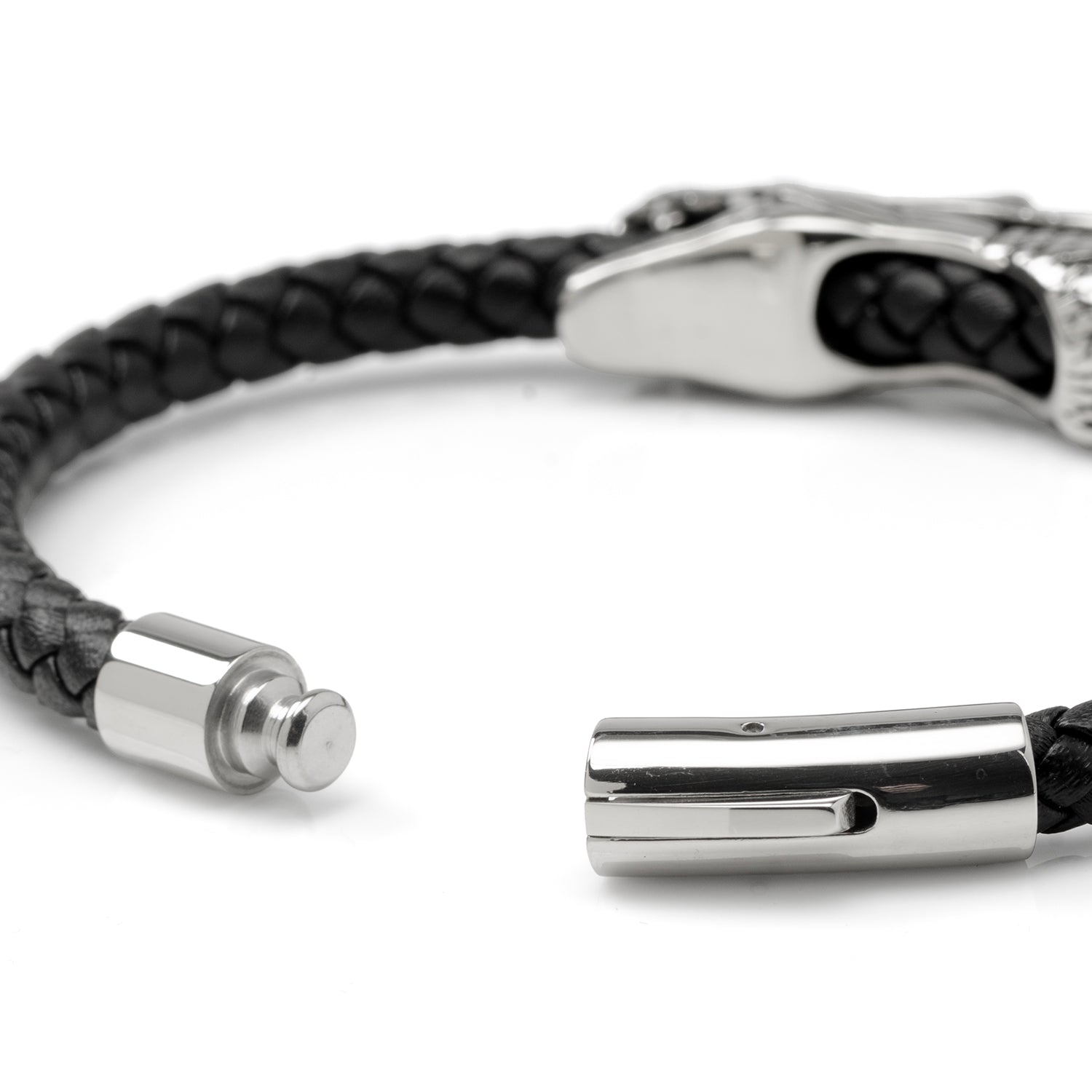Dragon Head Braided Black Leather Bracelet with Magnetic Closure by Cufflinks.com